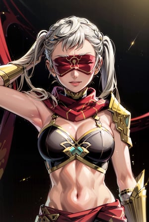 1girl, solo, simple background, (masterpiece:), (best quality), highly detailed, beautiful detail, extremely delicate and beautiful, large breasts,, evil smile, dark background, dessert,  blindfold, Tadhla, 1girl, solo, long hair, silver hair, large breasts, gloves, navel, cleavage, jewelry, very long hair, twintails, braid, midriff, pants, scarf, armor, shoulder armor, red scarf, blindfold,noelle_silva