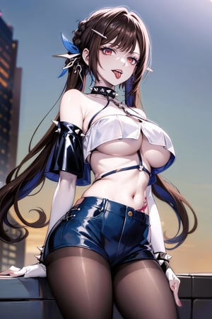 (masterpiece:), (best quality), highly detailed, beautiful detail, extremely delicate and beautiful, Seele, (lips), open mouth, tongue out, evil eyes, evil smile,  spiked collar, midriff, spiked armlet, black vest,  (tube top), (underboob), black top ,  latex clothes,  fishnet pantyhose, fishnet gloves, chains, black vest, denim short, spiked bracelet, spiked_armlet, string, black top, RockOfSuccubus, large breasts, navel,(black), cleavage, midriff, (tattoo:1.1), pubic tattoo,makeup, (colored skin:1.3),(black lips:1.3),(lipstick), (pale skin:1.5),  eyelashes, standing, facing viewer,  (street), scenery, nigth, sky, blurry background,depth of field,ph,highres, 1girl, red_eyes,li sushang, multicolored hair, two-tone hair, brown hair, (blue hair:1.3), black wing hair ornament, 1girl, long_hair, hair_ornament, twintails
