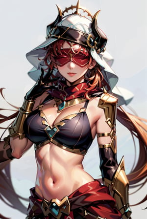 1girl, solo, simple background, (masterpiece:), (best quality), highly detailed, beautiful detail, extremely delicate and beautiful, large breasts,, evil smile, dark background, dessert,  blindfold, Tadhla, 1girl, solo, long hair, red hair, large breasts, gloves, navel, cleavage, jewelry, very long hair,, braid, midriff, pants, scarf, armor, shoulder armor, red scarf, blindfold,,niloudef, nilournd