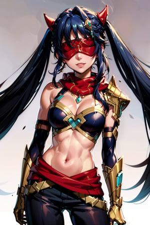 1girl, solo, simple background, (masterpiece:), (best quality), highly detailed, beautiful detail, extremely delicate and beautiful, large breasts,, evil smile, dark background, dessert,  blindfold, Tadhla, 1girl, solo, long hair, large breasts, gloves, navel, cleavage, jewelry, very long hair,, braid, midriff, pants, scarf, armor, shoulder armor, red scarf, blindfold,,,AAWENDY, LONG HAIR, TWINTAILS, HAIR ORNAMENT, tiny_breasts, blue_hair