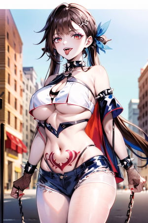 (masterpiece:), (best quality), highly detailed, beautiful detail, extremely delicate and beautiful, Seele, (lips), open mouth, tongue out, evil eyes, evil smile,  spiked collar, midriff, spiked armlet, black vest,  (tube top), (underboob), black top ,  latex clothes,  fishnet pantyhose, fishnet gloves, chains, black vest, denim short, spiked bracelet, spiked_armlet, string, black top, RockOfSuccubus, large breasts, navel,(black), cleavage, midriff, (tattoo:1.1), pubic tattoo,makeup, (colored skin:1.3),(black lips:1.3),(lipstick), (pale skin:1.5),  eyelashes, standing, facing viewer,  (street), scenery, nigth, sky, blurry background,depth of field,ph,highres, 1girl, red_eyes,li sushang, multicolored hair, two-tone hair, brown hair, (blue hair:1.3), black wing hair ornament, 1girl, long_hair, hair_ornament, twintails