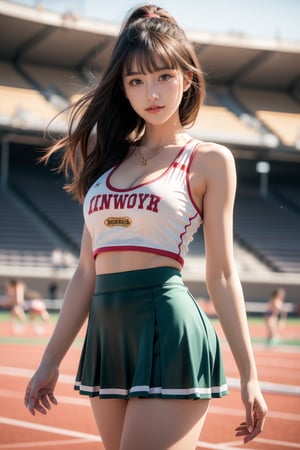 background track and field stadium,18 yo,beautiful girl,cheerleader,very long pony tail,bangs,curly hair,goldena hair,uniform number,standing at track,Best Quality, 32k, photorealistic, ultra-detailed, finely detailed, high resolution, perfect dynamic composition, beautiful detailed eyes, sharp-focus, cowboy shot, cheergirl, super tight cheerleader uniform, sexy pose, seduce smile,full_body ,cleavage, mini_skirt