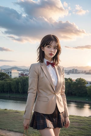 Against a warm sunset backdrop, Aamikoto stands tall in a cowboy-inspired pose, donning a sharp blazer and matching brown jacket with long sleeves. A hair flower adorns their short locks, tied back with a elegant red bowtie. The plaid skirt falls just above the knee, framing the scene. High-resolution details abound as Aamikoto's confident stance captures the essence of masterpieces.