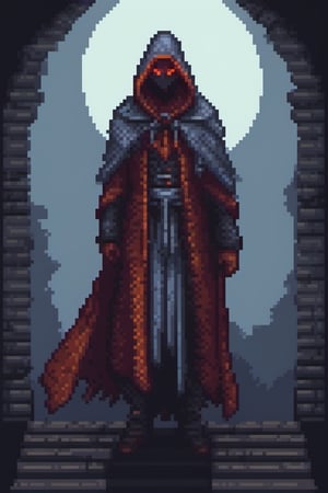 pixel art,
[(dark colors, fantasy artwork:1.35) ::0.20], (masterwork:1.25), (sinister and mysterious character:1.30), [red hair: black hair: 0.60], piercing gaze, hooded cloak, [glowing blue eyes: fiery orange eyes: 0.50], enigmatic smile, [ethereal mist: moonlit night: 0.80] BREAK (ancient ruins:1.20), (ominous atmosphere:1.30), (mystical symbols:0.90), (haunting background:1.15)