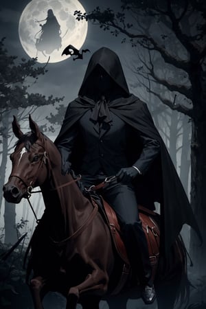 [(dark, eerie atmosphere:1.3) ::5], (masterpiece:1.5), BREAK (headless horseman riding a phantom steed:1.3), (1male, sinister figure, hooded cloak), [tattered robes: blood-red cloak: 0.70], (ominous aura), (moonless night:1.1), (haunting forest:0.8), (twisted trees:1.2), (spooky fog:0.9)