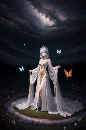 [(whimsical and imaginative, trending on art platforms:1.30) ::0.20], (masterwork:1.35), (fantastical and enchanting scene:1.30), (1female, magical aura, flowing gown), [silver hair: pastel blue hair: 0.70], ethereal presence, captivating eyes, BREAK floating islands, mystical creatures, (celestial sky:1.15), (sparkling stars:0.80), (magical forest:0.90), butterflies, (colorful background:1.20)