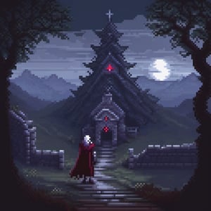 pixel art,
[(dark and mysterious, fantasy artwork:1.35) ::0.25], (masterwork:1.30), (enigmatic character in the foreground:1.20), [white hair: crimson eyes: 0.60], long cloak, (sinister aura:1.20), [moonlit sky: eerie glow: 0.80], fog-covered village, ancient ruins, (twisted trees:0.90), (undertale-like background:1.10)