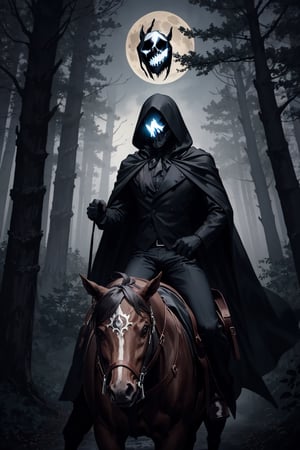 [(dark, eerie atmosphere:1.3) ::5], (masterpiece:1.5), BREAK (headless horseman riding a phantom steed:1.3), (1male, sinister figure, hooded cloak), [tattered robes: blood-red cloak: 0.70], (ominous aura), (moonless night:1.1), (haunting forest:0.8), (twisted trees:1.2), (spooky fog:0.9)