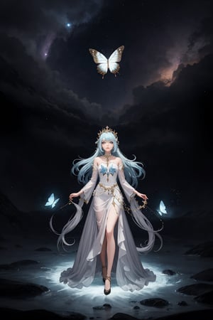 [(whimsical and imaginative, trending on art platforms:1.30) ::0.20], (masterwork:1.35), (fantastical and enchanting scene:1.30), (1female, magical aura, flowing gown), [silver hair: pastel blue hair: 0.70], ethereal presence, captivating eyes, BREAK floating islands, mystical creatures, (celestial sky:1.15), (sparkling stars:0.80), (magical forest:0.90), butterflies, (colorful background:1.20)