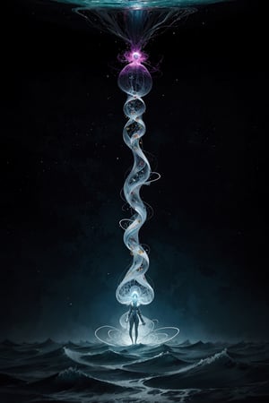 artwork depicting a solitary individual floating in an abstract, kaleidoscopic sea of swirling, iridescent fractals. This individual, clad in an intricately detailed astronaut suit, should be simultaneously breaking apart into countless geometric shapes while remaining connected by threads of vibrant energy. The scene should be set against a backdrop of a colossal, mechanical jellyfish hovering in the cosmos, emitting ethereal, pulsating waves of color that interact with the disintegrating figure. The concept explores the boundary between existence and dissolution in a surreal, otherworldly setting.