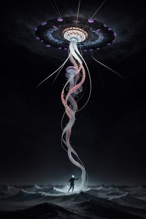 artwork depicting a solitary individual floating in an abstract, kaleidoscopic sea of swirling, iridescent fractals. This individual, clad in an intricately detailed astronaut suit, should be simultaneously breaking apart into countless geometric shapes while remaining connected by threads of vibrant energy. The scene should be set against a backdrop of a colossal, mechanical jellyfish hovering in the cosmos, emitting ethereal, pulsating waves of color that interact with the disintegrating figure. The concept explores the boundary between existence and dissolution in a surreal, otherworldly setting.