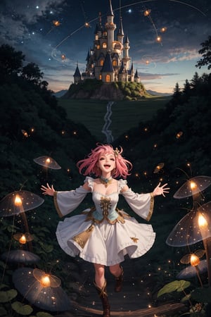 [(whimsical and imaginative, creative wonderland:1.25) ::0.20], (masterwork:1.40), (playful and quirky character:1.15), (1female, fantasy attire, colorful accessories), twirling in motion, [cotton candy pink hair: mint green tips: 0.70], infectious laughter, surrounded by magical creatures, BREAK surreal landscape, candy mountains, floating islands, rainbow waterfall, (enchanted sky:1.15), (giant mushrooms:0.90), (sparkling fireflies:1.30)
