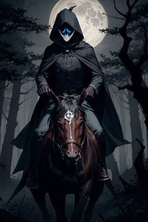 [(dark, eerie atmosphere:1.3) ::5], (masterpiece:1.5), BREAK (headless horseman riding a phantom steed:1.3), (1male, sinister figure, hooded cloak), [tattered robes: blood-red cloak: 0.70], (ominous aura), (moonless night:1.1), (haunting forest:0.8), (twisted trees:1.2), (spooky fog:0.9)