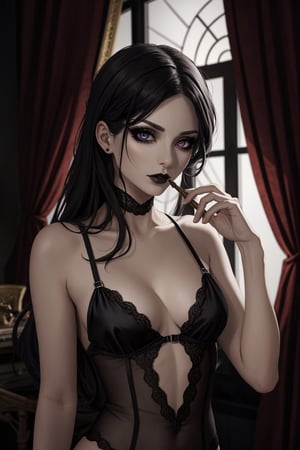 [(dark and alluring, profesional photo:1.35) ::0.10], (masterpiece:1.40),  (1female, seductive allure, small breasts), [black lace lingerie: provocative attire: 0.50], (intense gaze:1.25), (black lipstick:1.20), tousled hair, (smoky room:1.10), (dim lighting:1.15), (ornate mirror:0.80), (candlelight:0.90), (velvet curtains:1.30), (rich texture:1.20)
