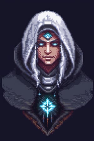 pixel art,
[(dark colors, fantasy artwork:1.35) ::0.20], (masterwork:1.25), (sinister and mysterious character:1.30), white hair, piercing gaze, hooded cloak, [glowing blue eyes: fiery orange eyes: 0.50], enigmatic smile, [ethereal mist: moonlit night: 0.80] BREAK (ancient ruins:1.20), (ominous atmosphere:1.30), (mystical symbols:0.90), (haunting background:1.15)