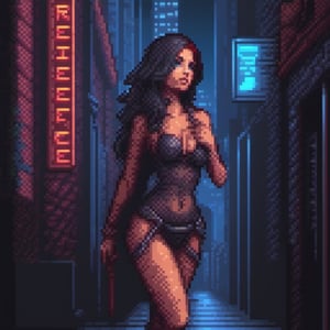 pixel art, [(sultry and rebellious, provocative artwork:1.3) ::0.30], (masterpiece:1.40), (seductive and alluring character:1.20), (1female, provocative pose, revealing attire), [raven-black hair: fiery red hair: 0.60], long hair, [piercing blue eyes: smoky gray eyes: 0.50], [lush lips: alluring smirk: 0.70] BREAK (modern cityscape:0.80), neon lights, urban setting, (dark alley:1.20), (smoky atmosphere:1.20)