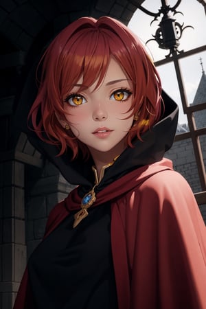 (solo:1.0), modern cel shaded anime, photograph, (wide angle:1), centered, upper body portrait of very beautiful mature woman, 

short pink hair,( Cloak),( inner cloak yellow:1), (outer cloack black:1),yellow eyes, looking at viewer, solo, upper body,(masterpiece:1.4),(best quality:1.4),red lips,parted lips, castle:1,dramatic shadows, extremely_beautiful_detailed_anime_face_and_eyes, an extremely delicate and beautiful, dynamic angle, cinematic camera, dynamic pose, depth of field, chromatic aberration,

detailed background, intricate design, Dsir, 8k UHD, cinematic lighting, image focused, vibrant, (dynamic shadows:0.5), (dynamic lighting:0.5)