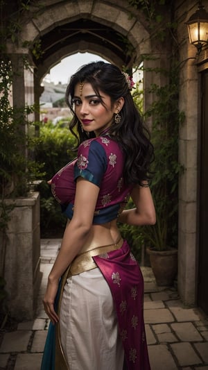 (((Stunningly Beautiful persian Princesss ))), elegant blue black updo hair,  sweet smile, Beautiful bride posing under a fairy tale arch of exotic magical flowers, looking back, elaborate scene style, crystal glass lattice, glitter, transparent pink embroidered lace, realistic style, 8k,exposure blend, medium shot, bokeh, (hdr:1.4), (cinematic), ( dark tones:1.3), (hyperdetailed:1.2),Realism,1 girl,girl wearing indian saree(dressed in red transparent saree)(wearing glitter graphics jewelry)(big breast)