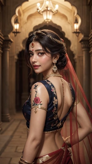 (((Stunningly Beautiful Indian Princesss ))), elegant blue black updo hair, Janhvi Kapoor, Laetitia Casta, sweet smile, Beautiful bride posing under a fairy tale arch of exotic magical flowers, looking back, elaborate scene style, crystal glass lattice, glitter, transparent pink embroidered lace, realistic style, 8k,exposure blend, medium shot, bokeh, (hdr:1.4), (cinematic), ( dark tones:1.3), (hyperdetailed:1.2),Realism,1 girl,girl wearing indian saree(dressed in red transparent saree)(wearing glitter graphics jewelry)