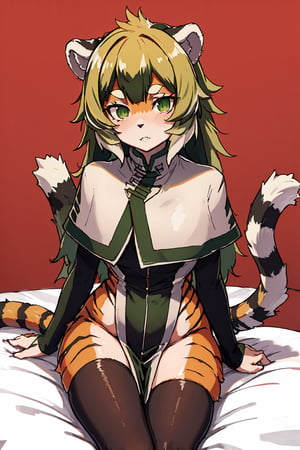 long hair, waai fu, anthro, tiger stripes, capelet, thighhighs, pelvic curtain, furry, fur, (green hair), (hiyajo maho: 1.2), breasts