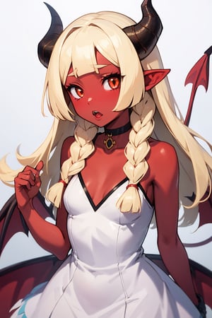 deflillie, white dress, demon girl, red skin, demon horns,reddemon, small breasts, corruption, demon wings, choker