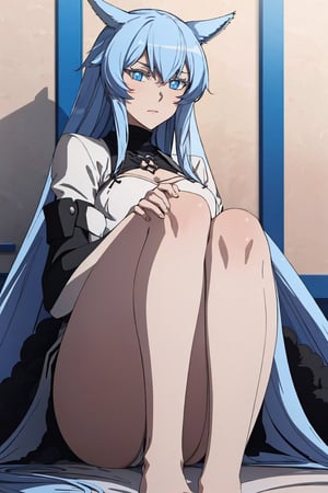  extremely long hair, blue hair, blue eyes, (esdeath:1.0), 1girl, solo,  tail,  miqo'te, cat ears, cat girl, slit pupils, whisker markings, looking at viewer,esdeath, feet,yshtola_rhul