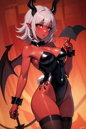 chiaki nanami, demon girl, red skin, standing, corruption, reddemon, demon horns, demo wings, playboy bunny