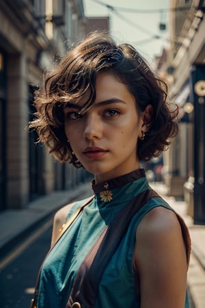 a 20 yo woman, blonde, (hi-top fade:1.3), (gold eyes, makeup), curly_hair, dark theme, soothing tones, muted colors, high contrast, (natural skin texture, hyperrealism, soft light, sharp), flower dress, colorful, darl background,blue theme,exposure blend, medium shot, bokeh, (hdr:1.4), high contrast, (cinematic, teal and orange:0.85), (muted colors, dim colors, soothing tones:1.3), low saturation,motiontrail