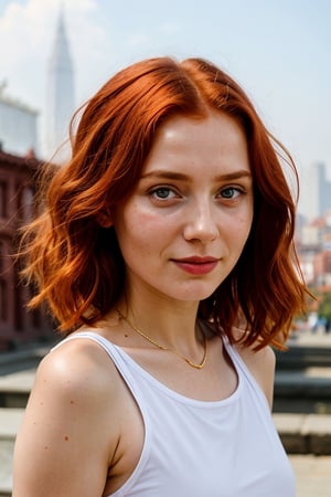 Portrait Photo a portrait,  hyperdetailed photography,  by Elizabeth Polunin,  red haired young woman,  brooklyn,  looking straight to camera,  sweaty,  olya bossak,  nepal,  very accurate photo,  suspiria