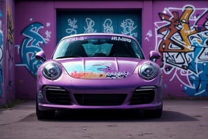 (sports car chase), buildings sparkling under neon lights, urban cyberpunk style in the middle of the night, mirrors reflecting rain on the ground, the photos are full and delicate, showing the best quality and high level of detail. Masu. Porsche 964 concept, red car, car driving, EpicArt,DonMC3l3st14l3xpl0r3rsXL,DonMG414 ,(Detailed Porsche emblem, Porsche 911),((Car body with graffiti: 1.4)), Flashy graffiti, Banksy painting