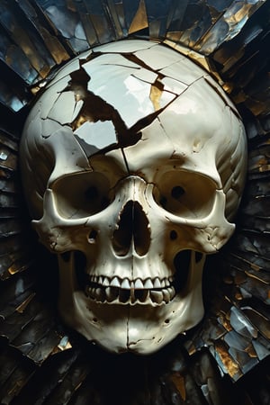 a close up of a painting of a skull with a broken skull,  cracked porcelain face,  fragmented,  abstract portrait,  nicolas delort,  surreal dark art,  stefan gesell,  shattered,  dark schizophrenia portrait,  inspired by Igor Morski,  shattered abstractions,  broken mirror,  broken mirrors composition,  shattered wall,  4k symmetrical portrait,  glass skull,  Detailedface,  Detailedeyes,HellAI