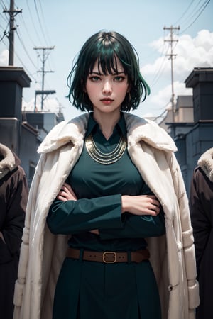 (masterpiece, best quality:1.2), , cowboy shot, solo, 1girl, fubuki, expressionless, crossed arms, green hair, taut clothes, fur coat, jewelry, necklace