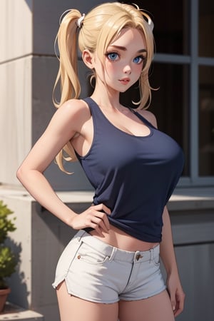 girl with blonde hair pigtails blue eyes red tank top white shorts and big breast