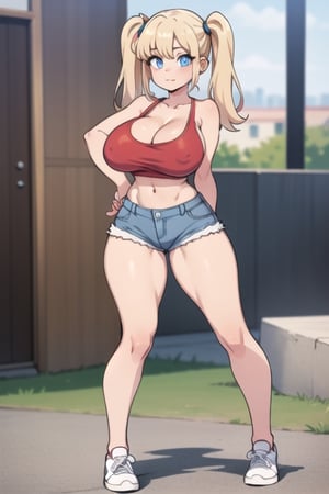 girl with blonde hair pigtails blue eyes red tank top white shorts and big breast show full body