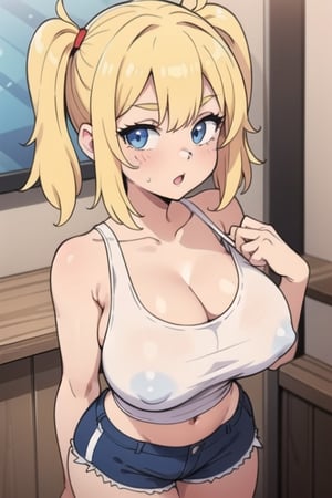 girl with blonde hair pigtails blue eyes red tank top white shorts and big breast