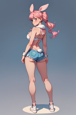 rabbit girl with white fur pigtails pink bra and blue shorts white shoes and big breast show full body back turned
