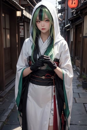 , (masterpiece:1.2), best quality,midjourney,1girl, solo, extreme long hair, very long hair, green hair, multicolored hair, old japan background, bangs, gloves, dress, black gloves, holding, streaked hair, reflection, hood, white hair, closed mouth, red hair 