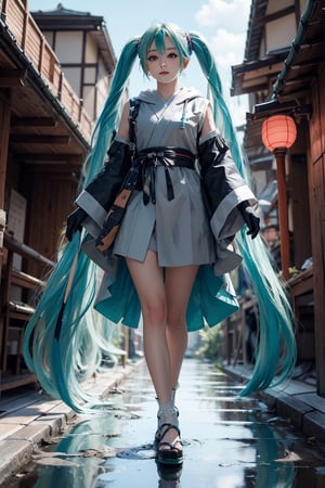 , (masterpiece:1.2), best quality,midjourney,1girl, solo, extreme long hair, very long hair, green hair, multicolored hair, old japan background, bangs, gloves, dress, black gloves, holding, streaked hair, reflection, hood, white hair, closed mouth, red hair ,mikudef