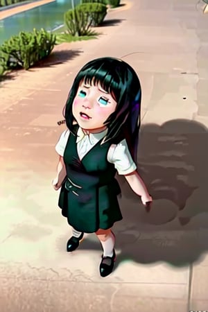  Choppermeme, 1girl, solo, bangs, dress, school uniform, green eyes, black hair, ahoge, shoes, black footwear, black dress, shadow, parody, looking up, child, meme, female child, eden academy school uniform,hinata,Chopper