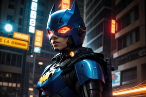 Portrait,wide shot, Batman robotic mecha soldier character, anthropomorphic figure, wearing futuristic mecha soldier armor and weapons, reflection mapping, realistic figure, night city background, neon, hyper detailed cinematic lighting photography, 32k uhd with a golden cane, blue lighting on the suit,