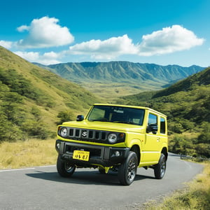 best quality, ultra-detailed, illustration,JB64, jimny, vehicle focus, car, motor vehicle, ground vehicle, outdoors, mountain, sky, scenery, cloud, day, road, blue sky ,Monster