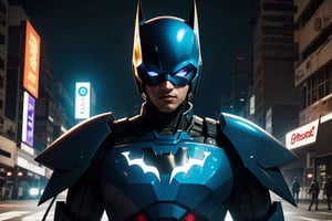 Portrait,wide shot, Batman robotic mecha soldier character, anthropomorphic figure, wearing futuristic mecha soldier armor and weapons, reflection mapping, realistic figure, night city background, neon, hyper detailed cinematic lighting photography, 32k uhd with a golden cane, blue lighting on the suit,