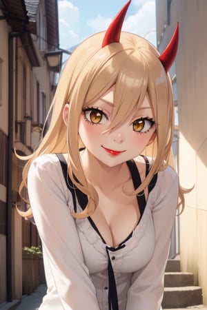 power_csm, blonde hair yellow eyes cross-shaped pupils symbol-shaped pupils red horns,aajuvia, sexy, red lips, smile,16k, beautiful, cat