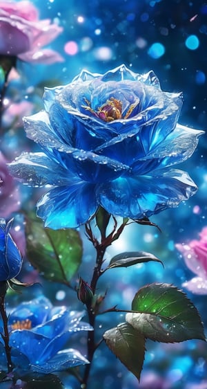 crystal spring blossom, fantasy, galaxy, transparent, shimmering, sparkling, splendid, colorful, magical photography, dramatic lighting, photo realism, ultra-detailed, 4k, Depth of field, High-resolution,
blue Rose
