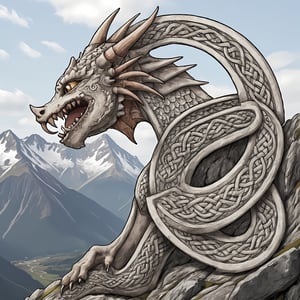 closeup photo, of an happy dragon, on a mountain, knotwork, runes
