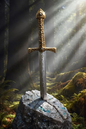  macro  photo of Excalibur made of crystallized aluminium oak ,forest background ,epic detailed, epic light 