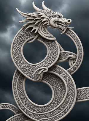 Epic dystopian closeup photo of chinese dragon, knotwork