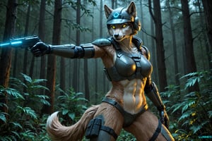 Photo of a anthro wolf, realistic detailed fur, cyberpunk soldier female, luminescent ,night in a forest,  wearing combat helmet, natural light, epic Pose 