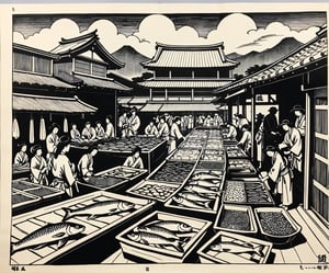 ukyoe woodblock drawing of an  japanese fish market