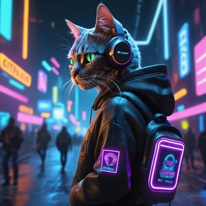 Dreampolis, hyper-detailed digital illustration, cyberpunk, cat with techsuite hoodie and headphones in the street, neon lights, lighting bar, city, cyberpunk city, film still, backpack, in megapolis, pro-lighting, high-res, masterpiece